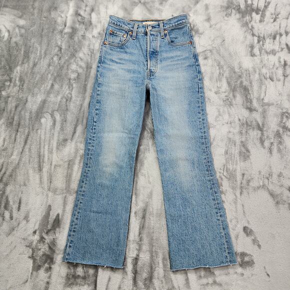Levi's Jeans Women 23 Blue Ribcage Crop Flare Stretch Denim Button Fly High Rise - Picture 1 of 16